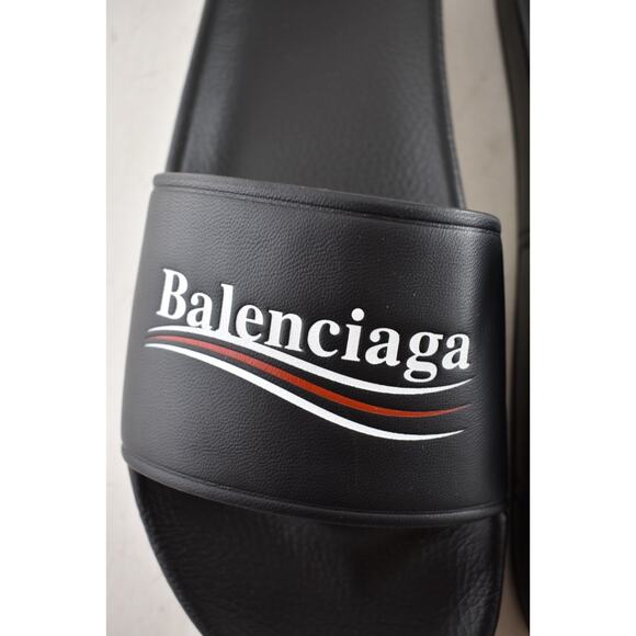 Balenciaga Black Leather Campaign Logo Slide Pool Sandal Flip Flop Flat 44 11